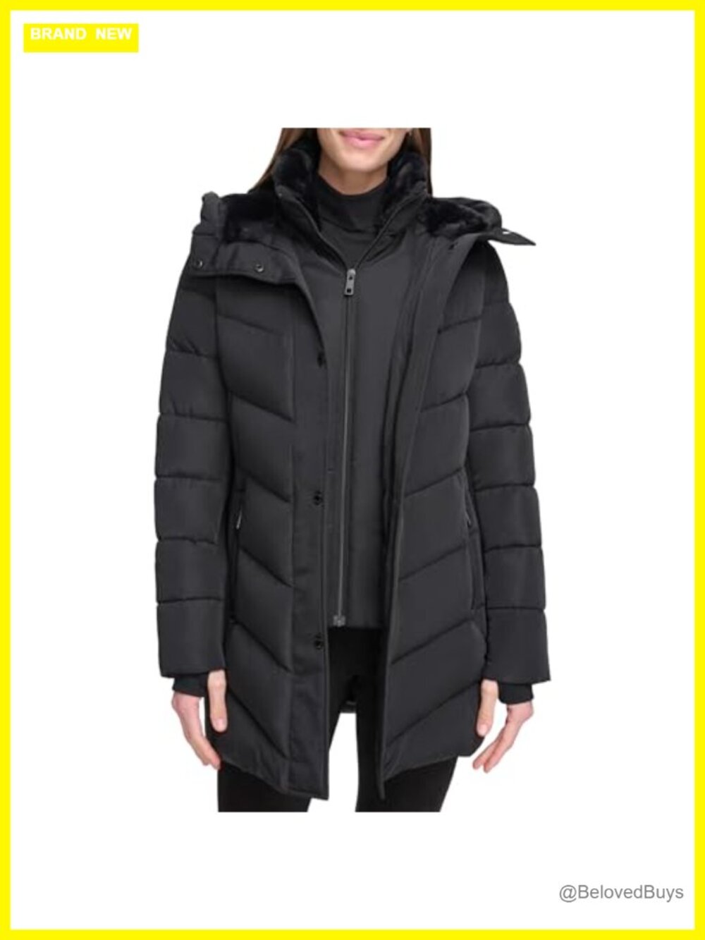 Calvin Klein Long Quilted Jacket With Faux Sherpa Lined Hood and Inset Bib